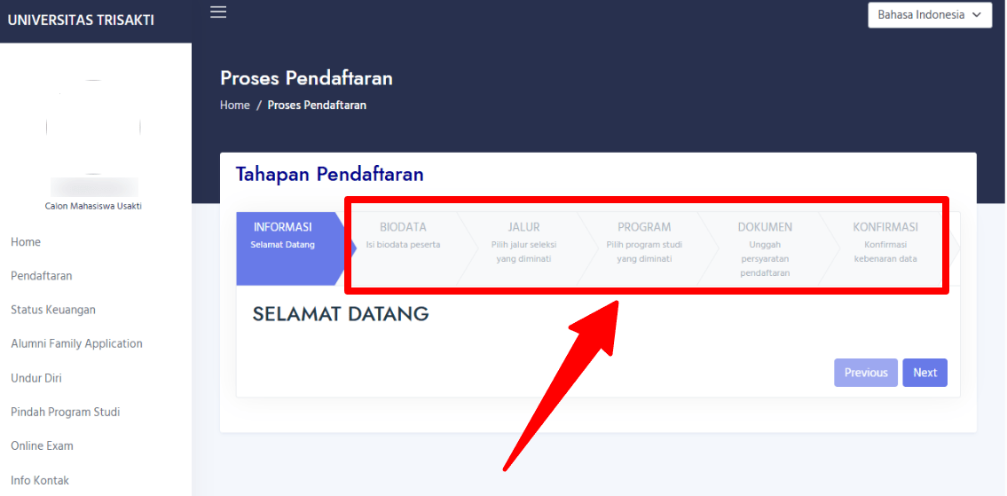 Dashboard SPMB Trisakti universitas swasta jurusan ekonomi terbaik Indonesia