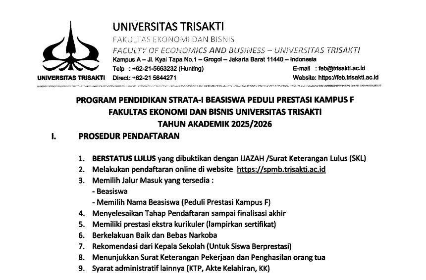 surat edaran program beasiswa peduli prestasi feb universitas trisakti