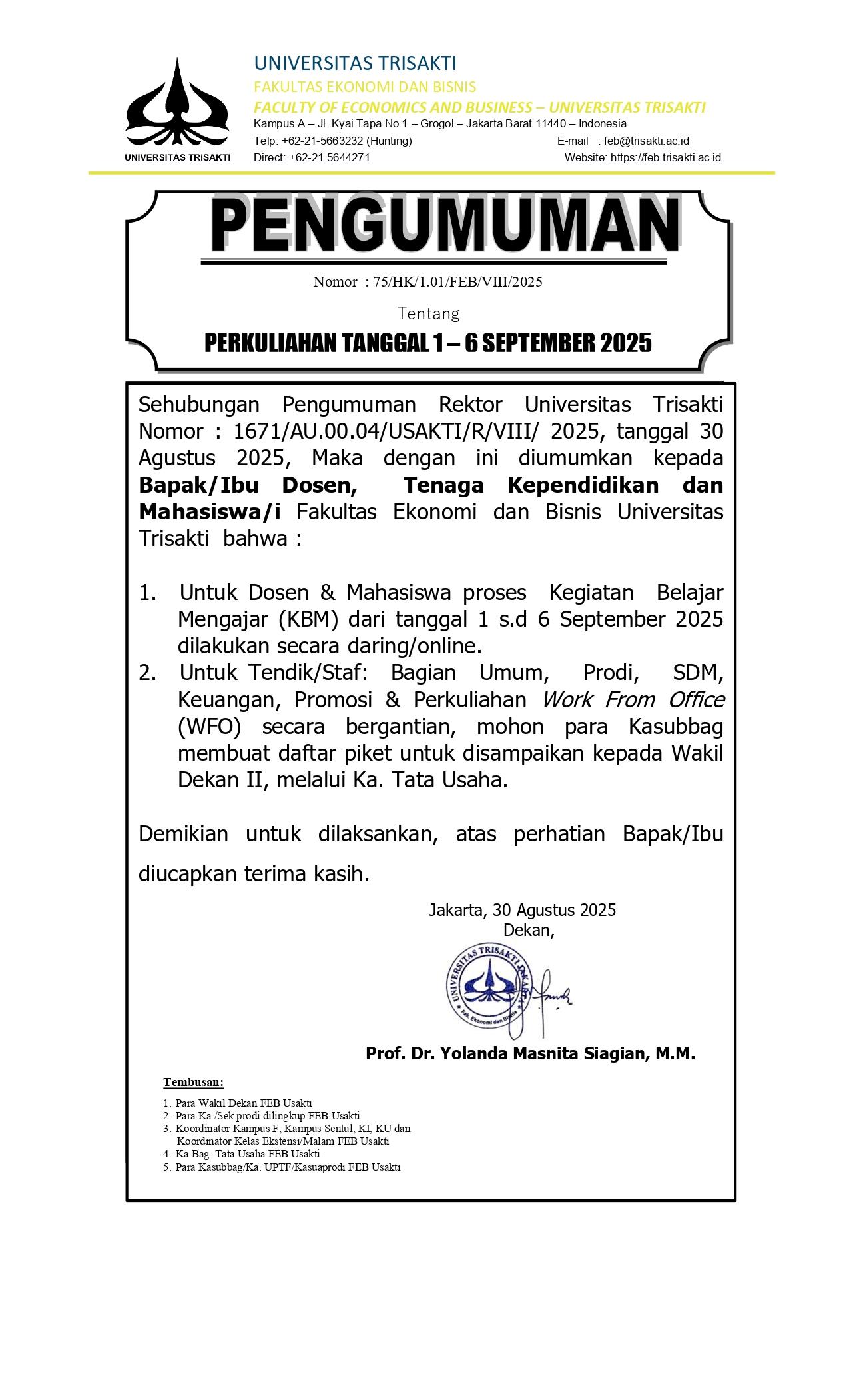PENGUMUMAN PERKULIAHAN TANGGAL 1 – 6 SEPTEMBER 2025